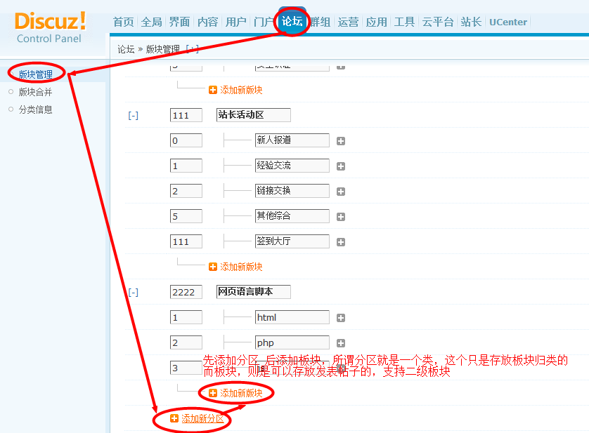 discuz如何添加分區(qū) 添加建站版塊 版塊前圖標添加 版塊設置