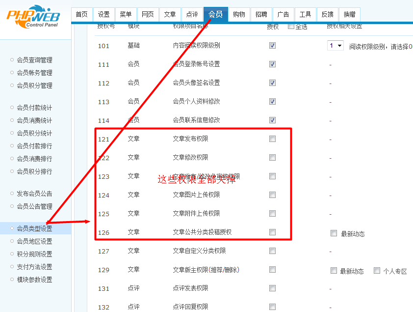 phpweb阻止用户发布文章到网站个人专区权限 防止漏洞恶意黑客.