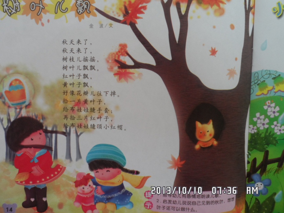 引导儿童想象并创编小树叶还可以落在那里如:有的小叶子落在小房子上
