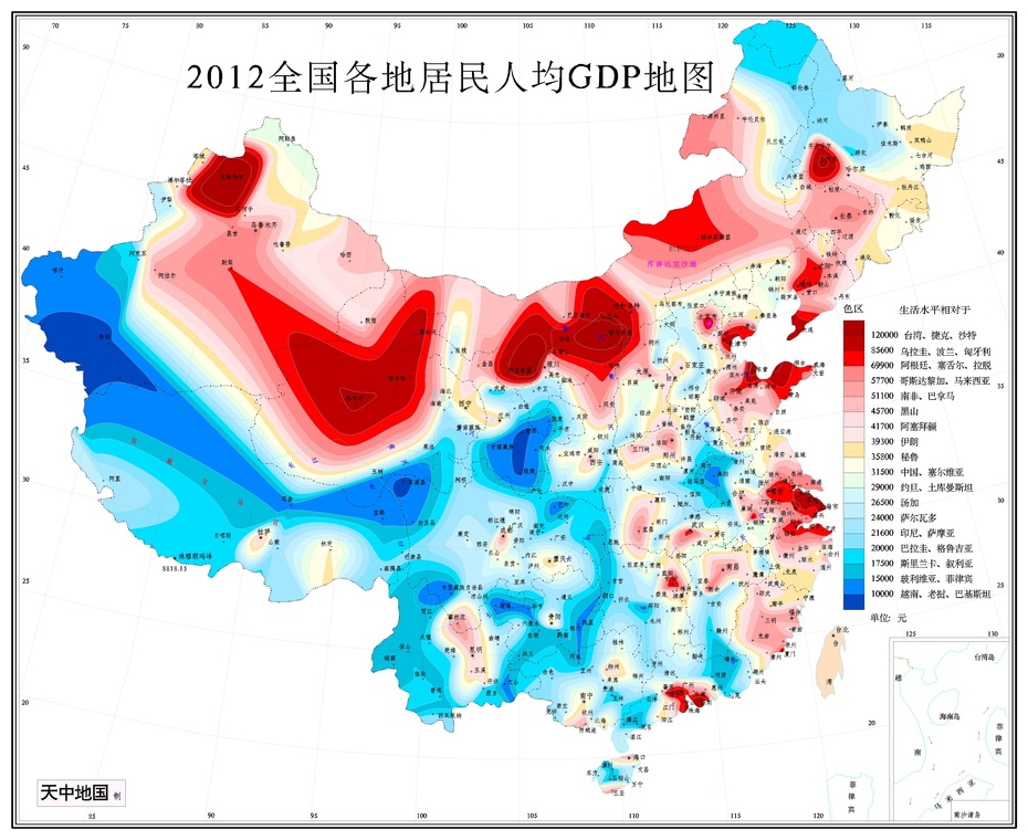 中国各地人均gdp的世界地图