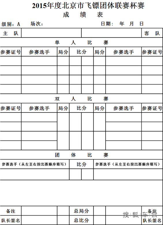 2015年度北京市飞镖团体联赛杯赛成绩记录单