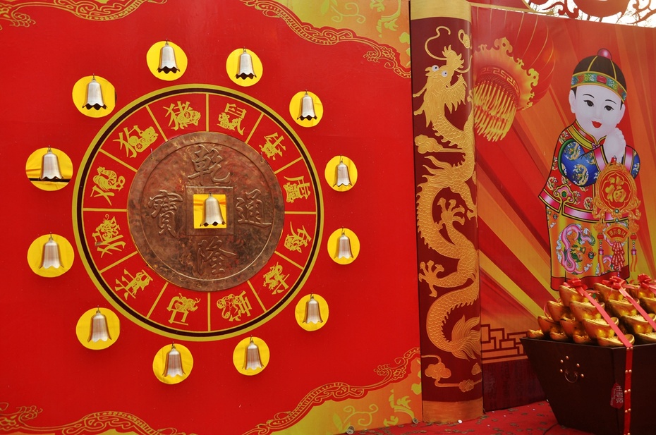 在距门区100米的大槐树前小广场,设置两个大型仿古金钱眼.