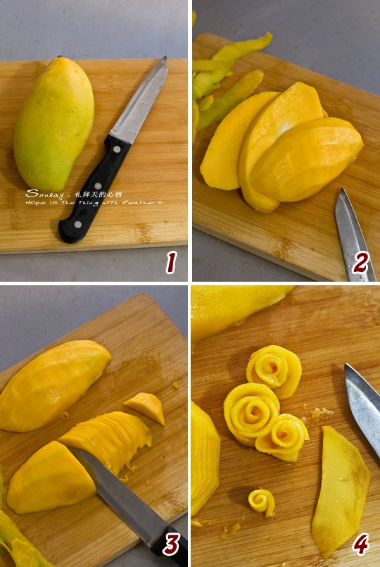 依次做好十余朵芒果玫瑰,再准备好其它装饰蛋糕的水果.