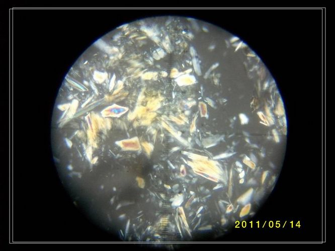 材质中透闪石的显微纤状,柱状结构,正交偏光,倍率200.